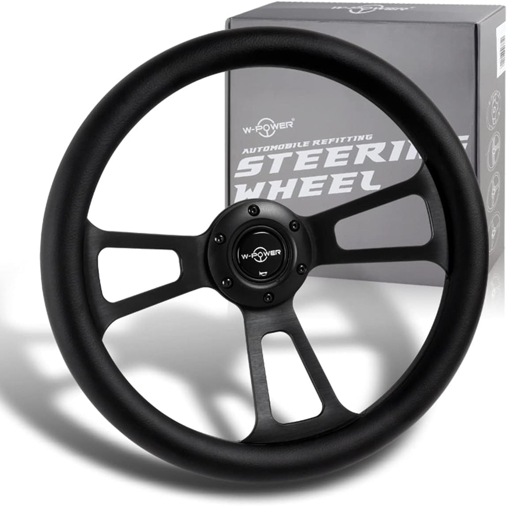 W-Power, 13.5' Universal 343mm 6 Bolt Hole 2.5 Inche Deep Dish Vintage Style with Aluminum Polished Black Leather Grip Steering Wheel, Black Horn Button, 3-Spoke