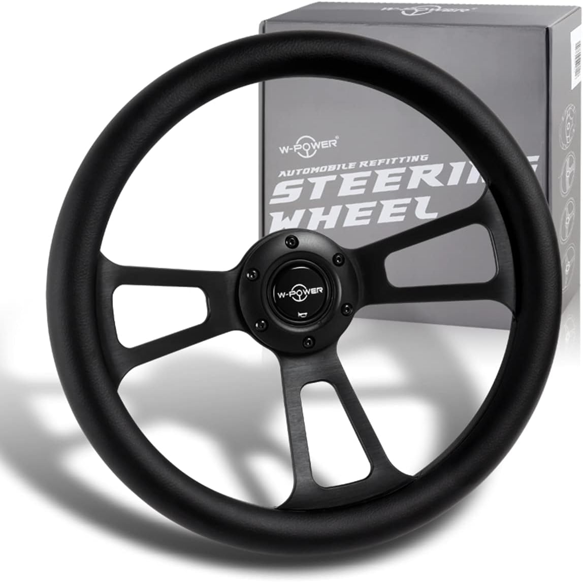 W-Power, 13.5' Universal 343mm 6 Bolt Hole 2.5 Inche Deep Dish Vintage Style with Aluminum Polished Black Leather Grip Steering Wheel, Black Horn Button, 3-Spoke