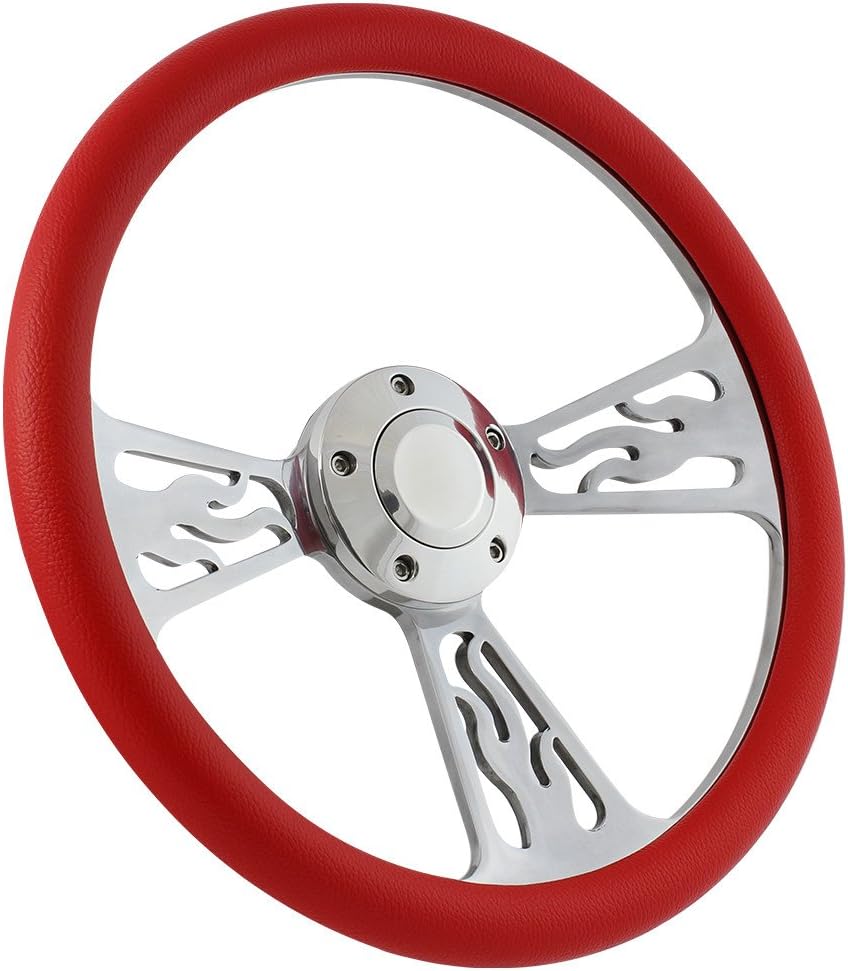 Flame Steering Wheel 5-bolt 14 Inch Aluminum with Red Wrap and Horn