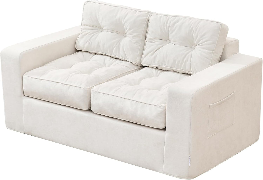 Hobestluk Sofa Couch Loveseat Sofa with Chenille Fabric 2-Seater Sofa for Small Spaces Comfortable Foam Floor Sofa 2 in 1 Boneless Couch for Living Room Bedroom Apartment or Office (Beige, Loveseat)