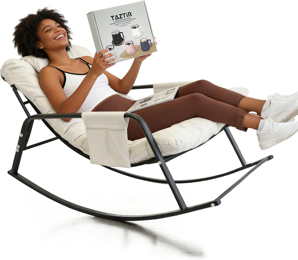 Oversized Padded Rocking Chair with Cushioned Seat, Ergonomic Design, Durable Metal Frame, for Indoor and Outdoor, Living Room, Bedroom, Porch, Patio, Garden