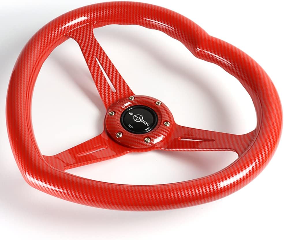 W-Power,13.5' Universal 343mm 6 Bolt Hole 3-Inche Deep Dish Aluminum Polished Heart-Shaped with Wood Grip Steering Wheel, Black Horn Button JDM Euro VIP Style, 3-Spoke (Carbon Red)