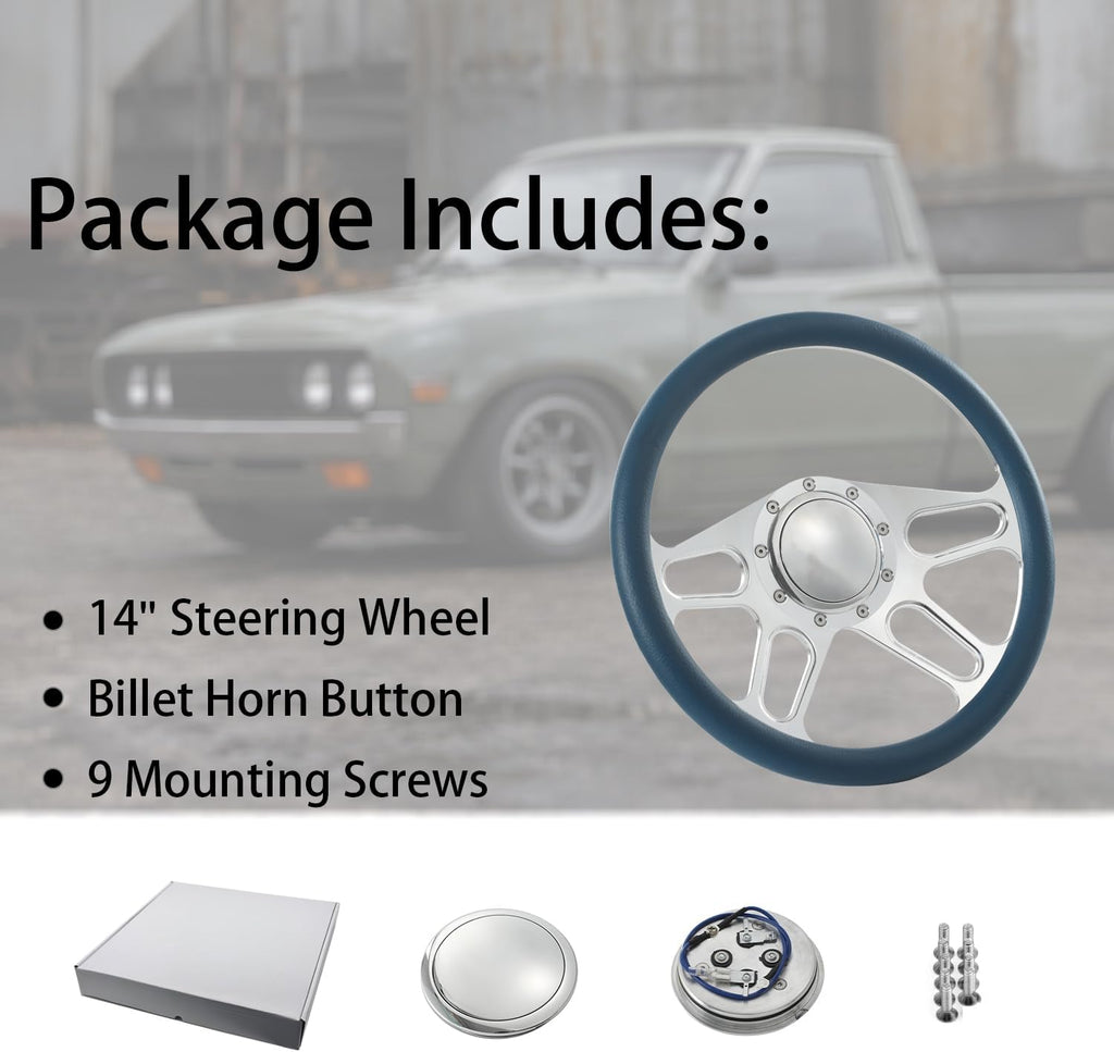 14'' Billet 4-Slot Half Wrap 9 Bolts Steering Wheel with 2'' Dish and Horn Button Compatible with Chevy, Ford, GM (Blue)