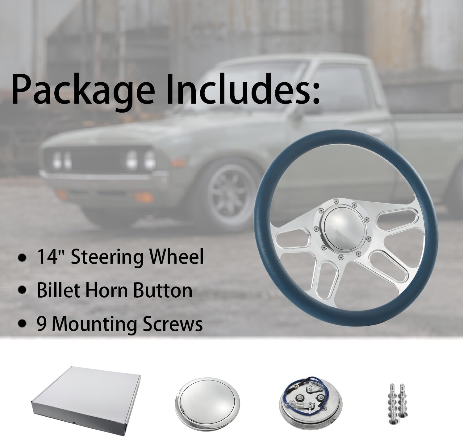 14'' Billet 4-Slot Half Wrap 9 Bolts Steering Wheel with 2'' Dish and Horn Button Compatible with Chevy, Ford, GM (Blue)