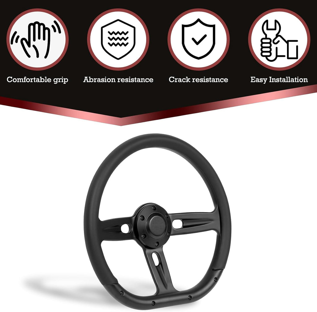 Universal 350mm 14 Inch D-Shape Steering Wheel –Black Microfiber Leather Grip,Aluminum Alloy Matte Black Spokes,6 Bolt 3 Spokes Deep Dish 50mm,Fit for Racing, Cars,Golf Carts Steering Wheel