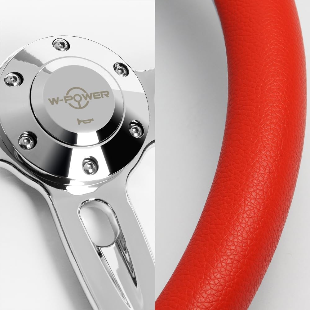 W-Power, 14' Universal 350mm 6 Bolt Hole Aluminum Polished Vinyl Wrap Leather Trim Steering Wheel, Chrome Horn Button JDM Euro VIP Style, 2' Deep (Red Vinyl Wrap Leather)