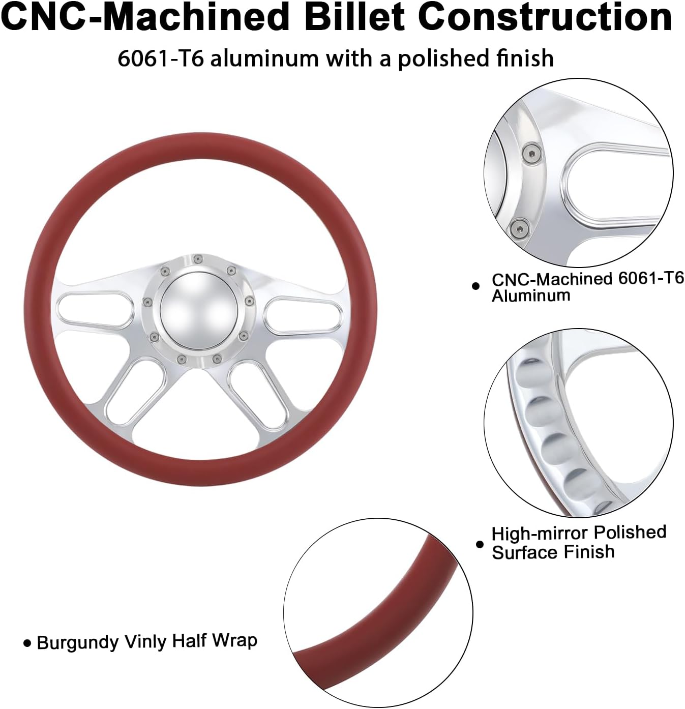 14'' Billet 4-slot Half Wrap 9 Bolts Steering Wheel with 2'' Dish and Horn Button Compatible with Chevy, Ford, GM (Burgundy)
