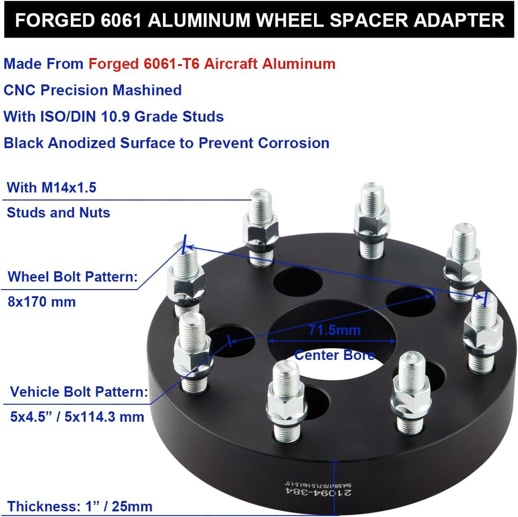 Black Forged 5x4.5 to 8x170 Wheel Adapters 1 Inch 14x1.5 Studs Compatible with Jeep-Ford-Dodge-Honda-Toyota-Lexus 5 Lug to 8 Lug Adapter (Adapt 8x170 Wheels on 5x114.3 Vehicle) - Pack of 4