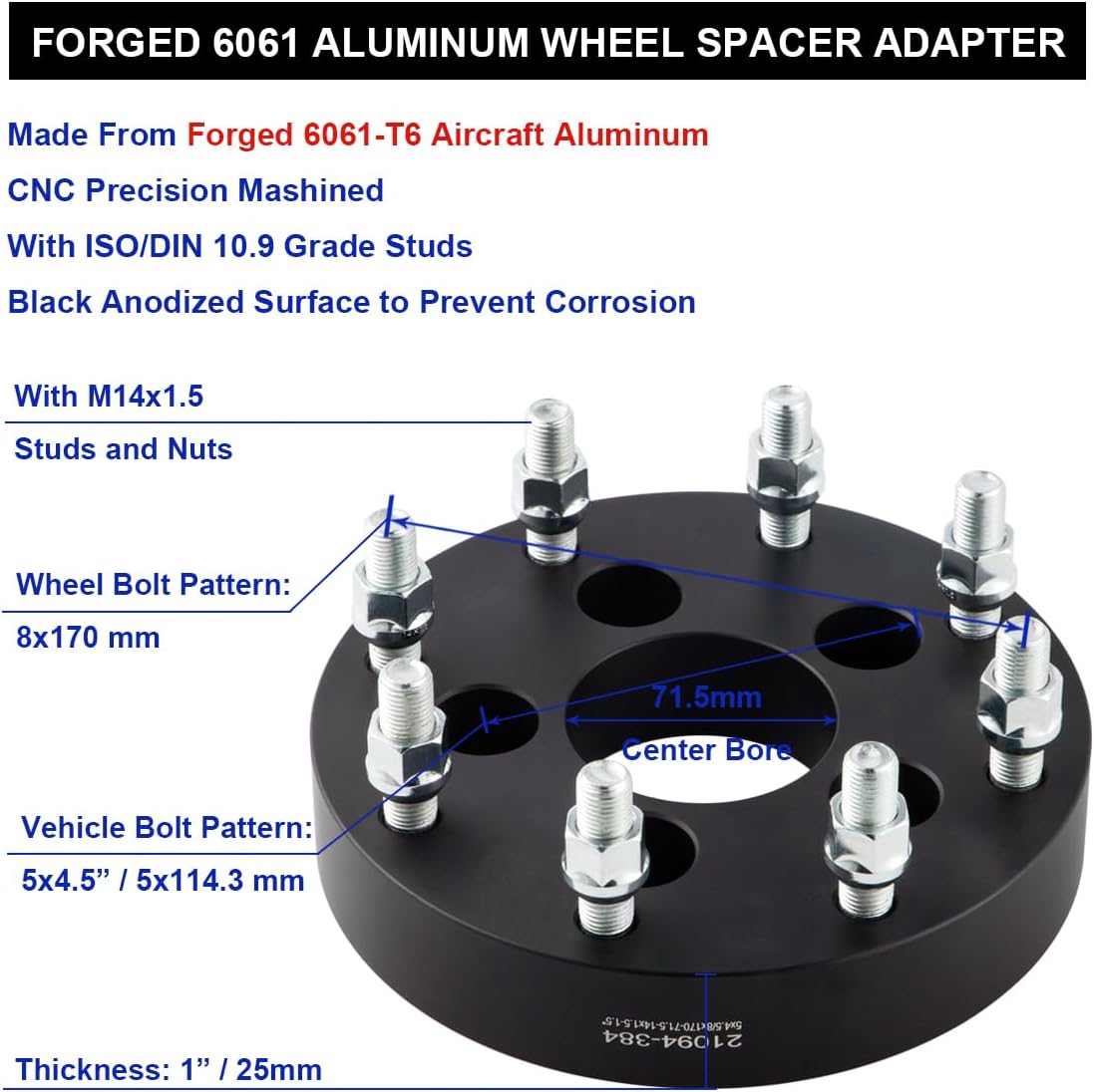 Black Forged 5x4.5 to 8x170 Wheel Adapters 1 Inch 14x1.5 Studs Compatible with Jeep-Ford-Dodge-Honda-Toyota-Lexus 5 Lug to 8 Lug Adapter (Adapt 8x170 Wheels on 5x114.3 Vehicle) - Pack of 4