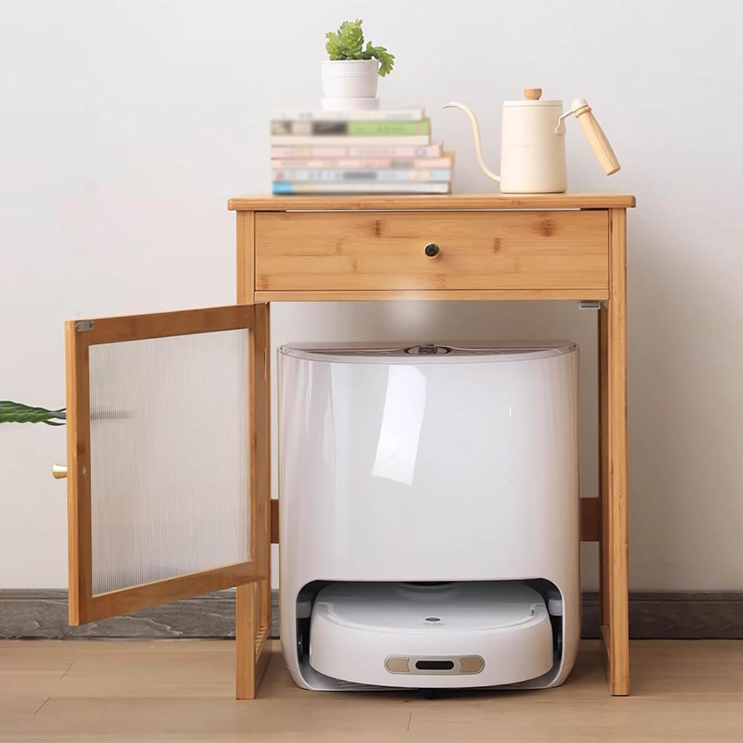 Wood Organizer Stand for Robotic Vacuum Cleaner, Storage Cabinet for Self-Emptying Robot Vacuum and Mop, Sweeping Robot Storage Rack with Storage Cabinet（A-52x41x63.5cm/20.5x16x25.5in）