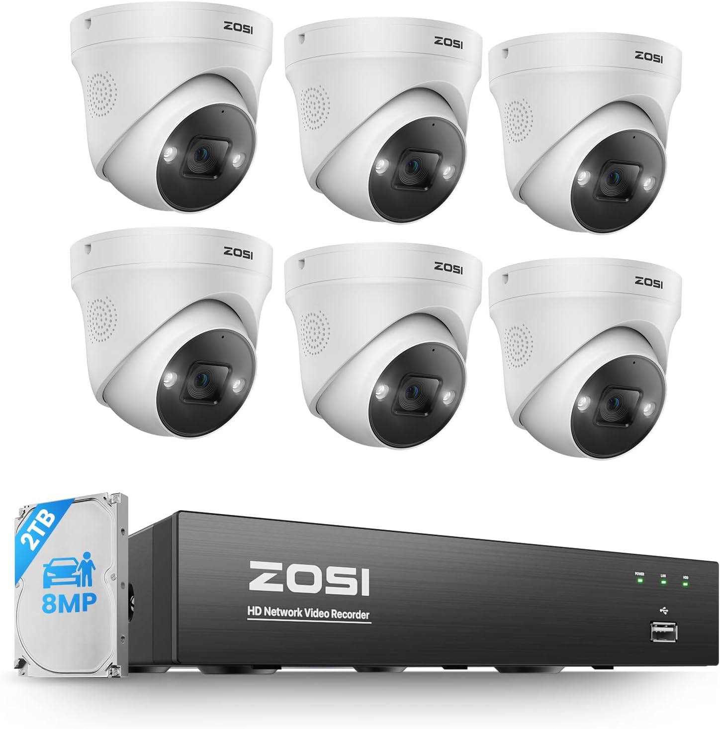 ZOSI 4K PoE Security Camera System, Person Vehicle Detection, 6pcs 4K Indoor Outdoor Spotlight PoE Cameras, Night Vision, 2 Way Audio, 8CH 8MP Home Surveillance NVR with 2TB HDD for 24/7 Recording