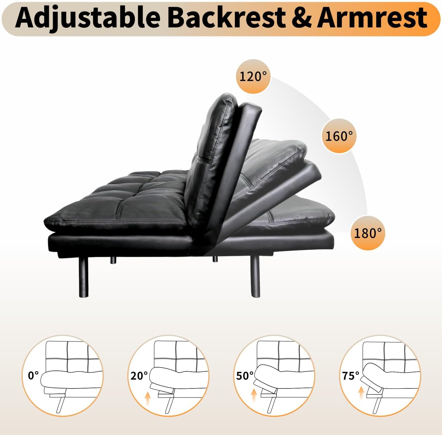 71' Futon Sofa Bed, Modern Convertible Loveseat Sleeper, Faux Leather Couch with Adjustable Back & Arms for Small Spaces, Office & Apartment - Ebony