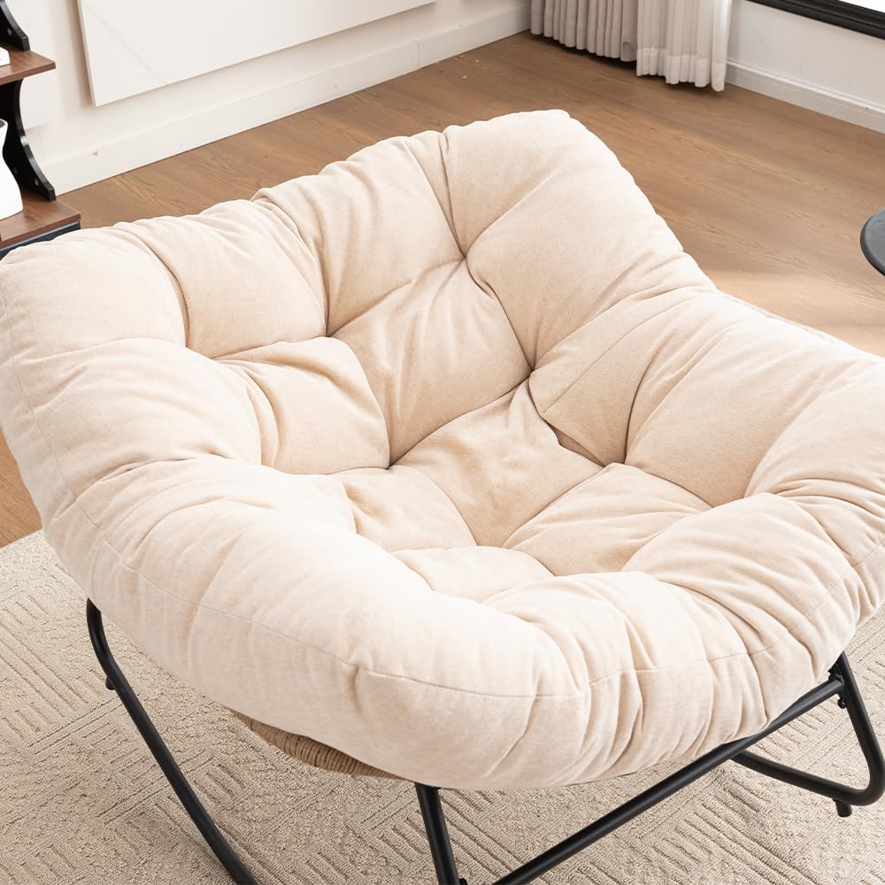 Outdoor Papasan Chair, Oversized Rocking Chair with Cushion and Metal Frame, Patio Lounge Rocking Chair for Balcony Backyard Porch Bedroom Living Room (Beige)