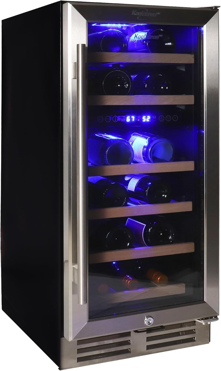 Koolatron 28 Bottle Wine Fridge Dual Zone Built-In Wine Cooler with Glass Door Front Vent Beverage Can Bar Compressor Refrigerator Red White Wine Champagne 15-Inch 3.5 cu ft (Silver Black 100 L)