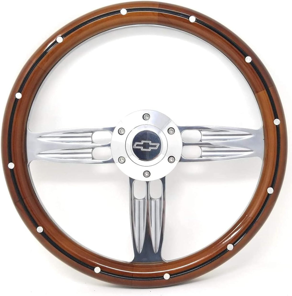 Real Wood & Chrome Steering Wheel Kit Compatible with Chevy Gm 95-01 Set Engraved Horn GMC TRUCK