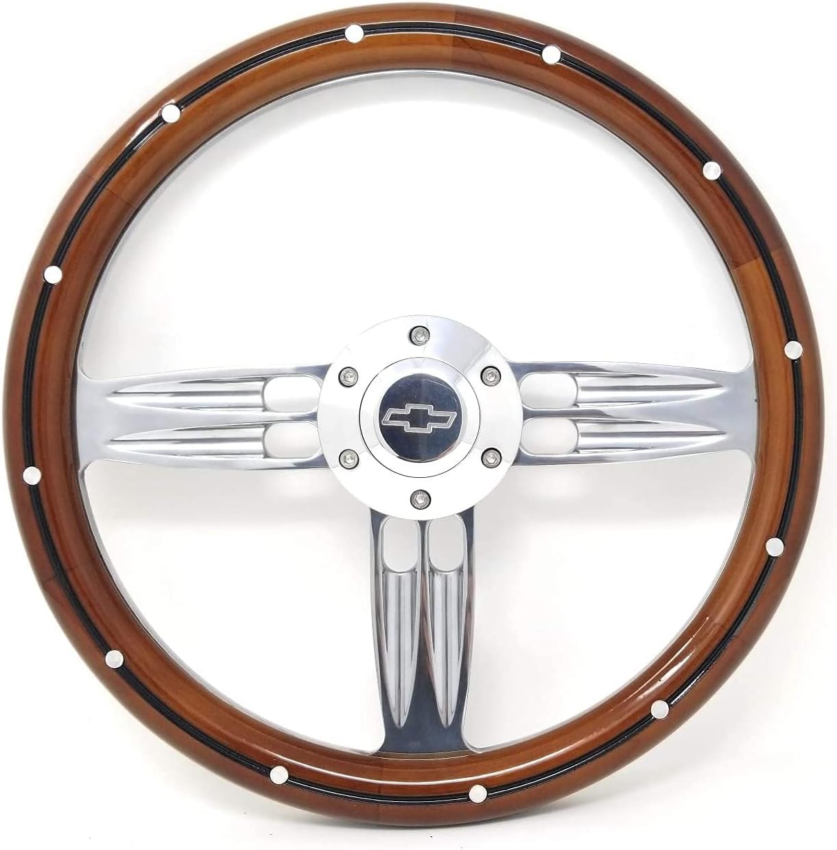 Real Wood & Chrome Steering Wheel Kit Compatible with Chevy Gm 95-01 Set Engraved Horn GMC TRUCK