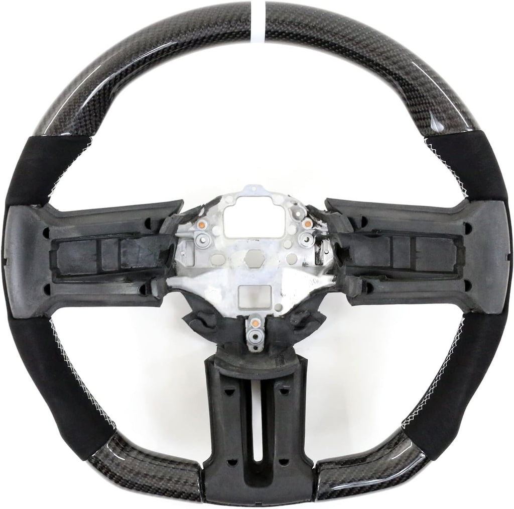 IKON MOTORSPORTS, Steering Wheel Compatible with 2010-2014 Ford Mustang, Steering Wheel Bodykit Replacement Carbon Fiber & Synthetic Suede White Stitch & Indicator, 2011 2012 2013