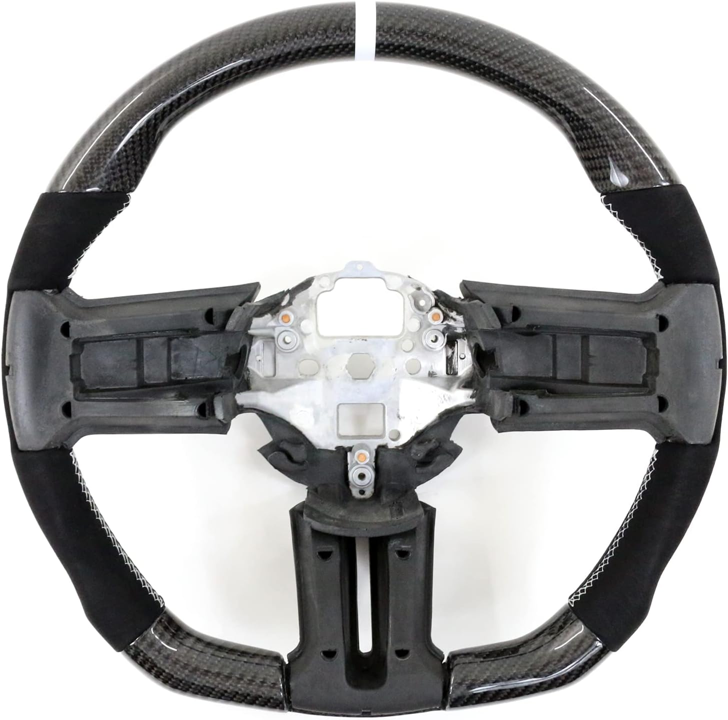 IKON MOTORSPORTS, Steering Wheel Compatible with 2010-2014 Ford Mustang, Steering Wheel Bodykit Replacement Carbon Fiber & Synthetic Suede White Stitch & Indicator, 2011 2012 2013