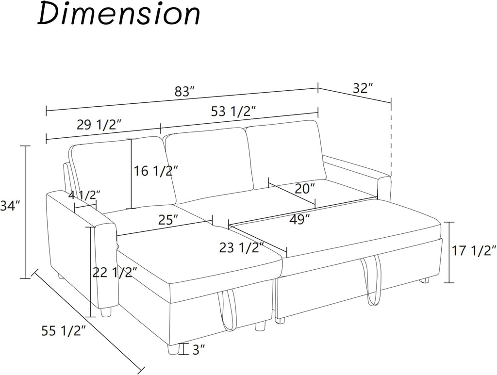 Queen Sleeper Sofa, 83 Inch Convertible Sofa Bed with Storage, Modular Sectional Couch with Pull Out Bed, L Shaped 3 Seat Sectional Sleeper Sofa for Living Room, Apartment, Black