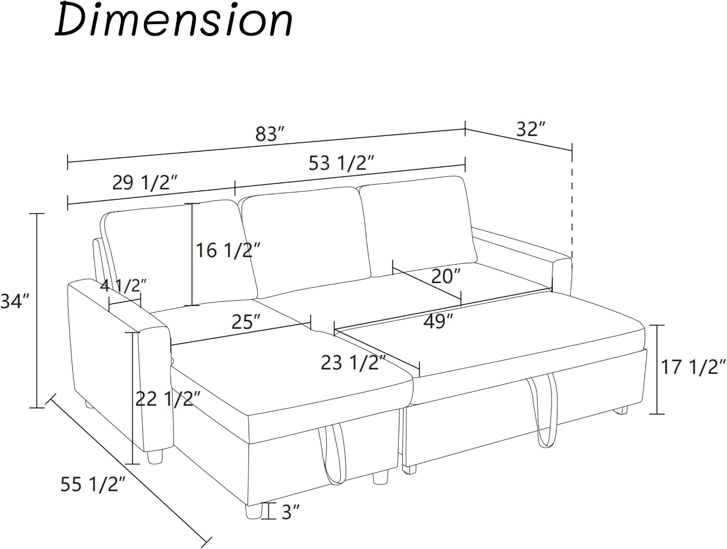 Queen Sleeper Sofa, 83 Inch Convertible Sofa Bed with Storage, Modular Sectional Couch with Pull Out Bed, L Shaped 3 Seat Sectional Sleeper Sofa for Living Room, Apartment, Black