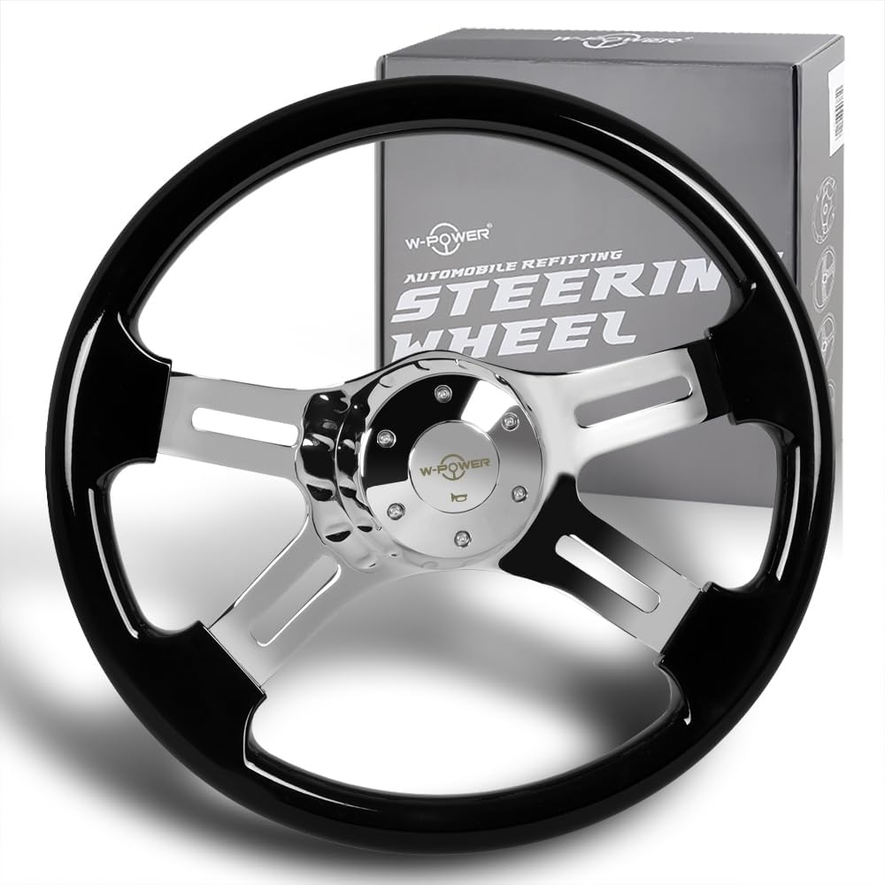 W-Power, 16' Universal 406mm 5 Bolt Hole 2 Inches Deep with Aluminum Polished Vintage Style Wood Grip Steering Wheel, Chrome Horn Button (Black Wood Grip/Chrome Spokes)