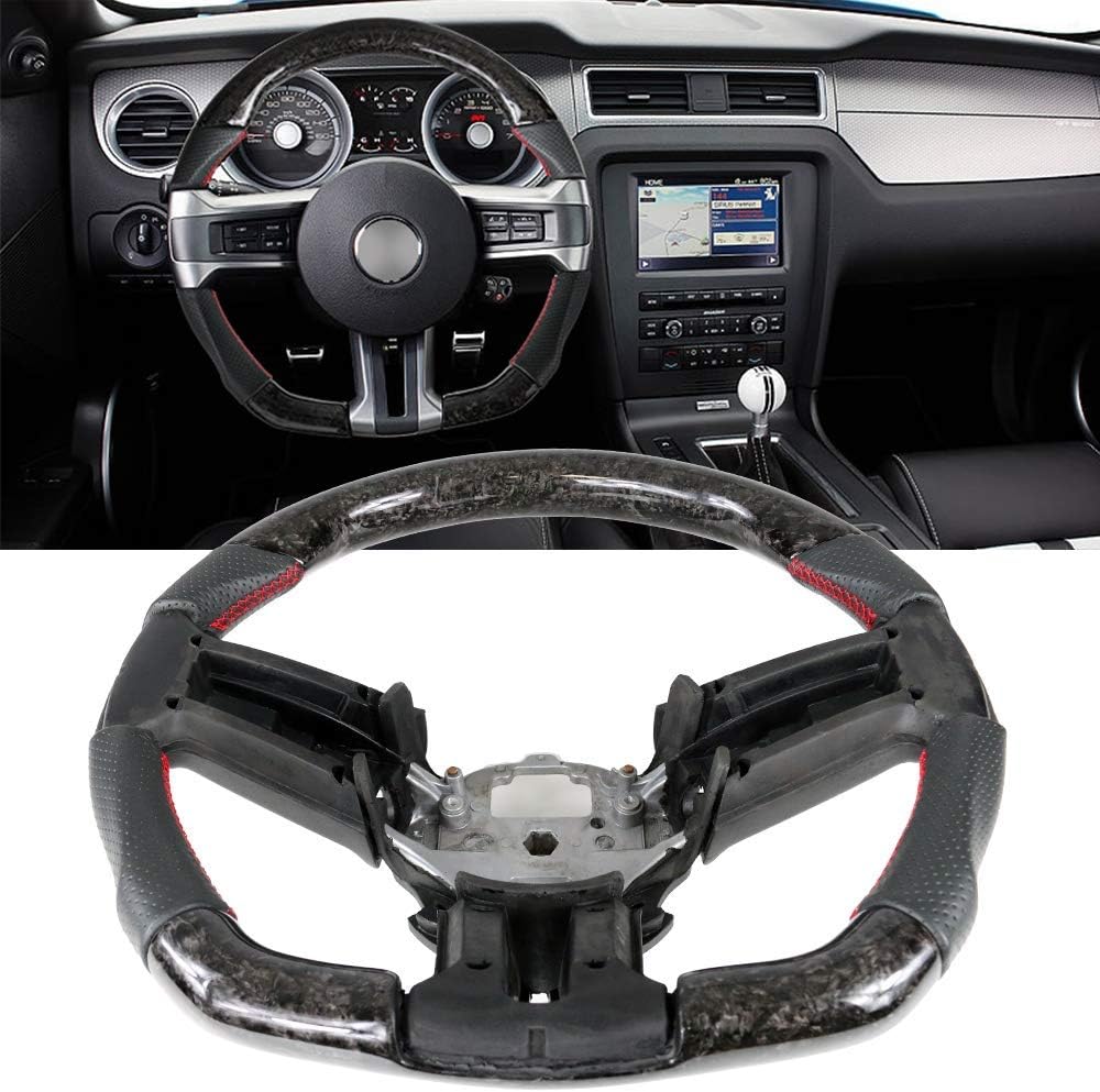 IKON MOTORSPORTS, Steering Wheel Compatible With 2010-2014 Ford Mustang, Black Forged Carbon Fiber & Perforated Leather Steering Wheel Brushed Kit With Red Stitching, 2011 2012 2013