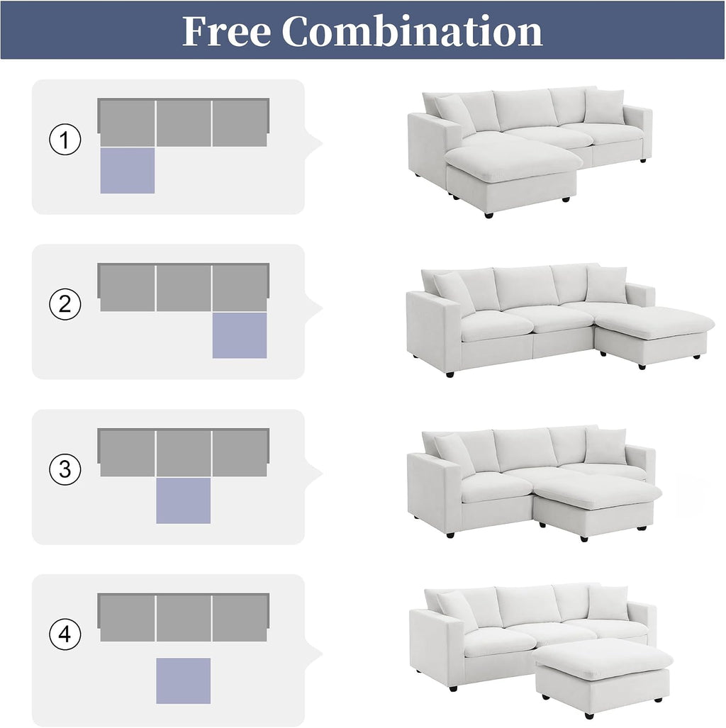 Tmsan 100.4' Modular Sectional Sofa Cloud Couch for Living Room, Modern Convertible L Shaped Couch Set with Ottoman, 4 Seater Polyester Fabric Sofa with 2 Pillows for Apartment Office (White)