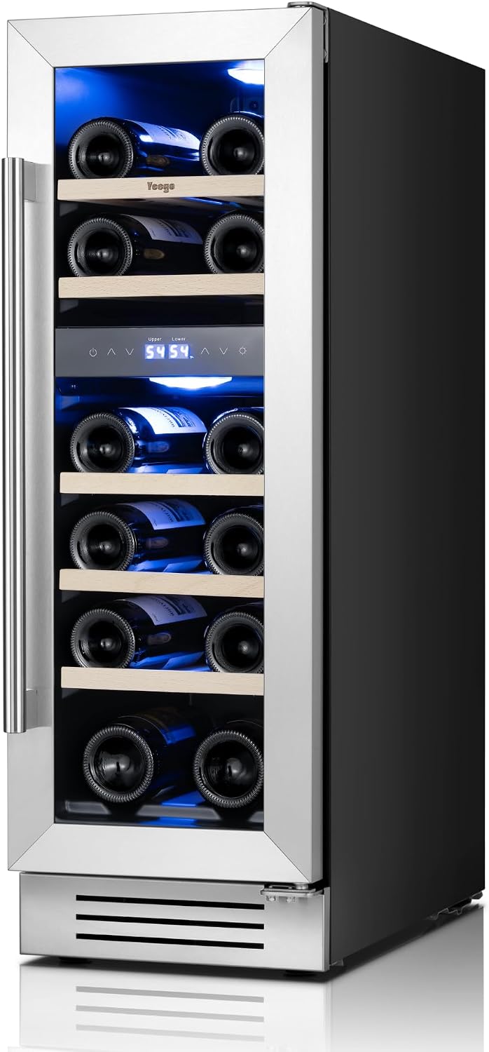 Yeego Wine Fridge Cooler - 12 Inch Wine Fridge Hold 17 Bottles, 40-65°F Dual Zone Wine Refrigerator Glass Door, Built in Fridge, Freestanding or Adjustable Shelves Fridge for Home Bar Office