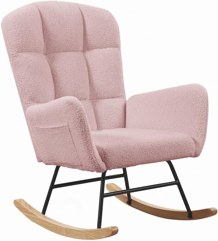hansones Nursery Rocking Chair,Upholstered Glider Chair with High Backrest Armchair Chair for Living Room Bedroom Offices (Pink Teddy)