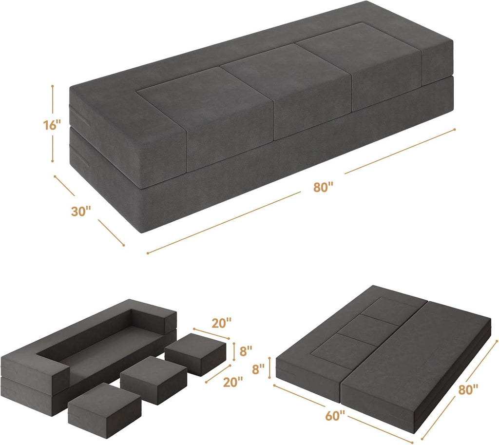 80'' Folding Bed Couch, Foam Floor Sofa with 3Ottomans& Washable Velvet Cover,Modular Sectional Sofa Futon Sleeper Convertible Memory Mattress for Guest/Living Room/Playroom,Queen,Deep Grey