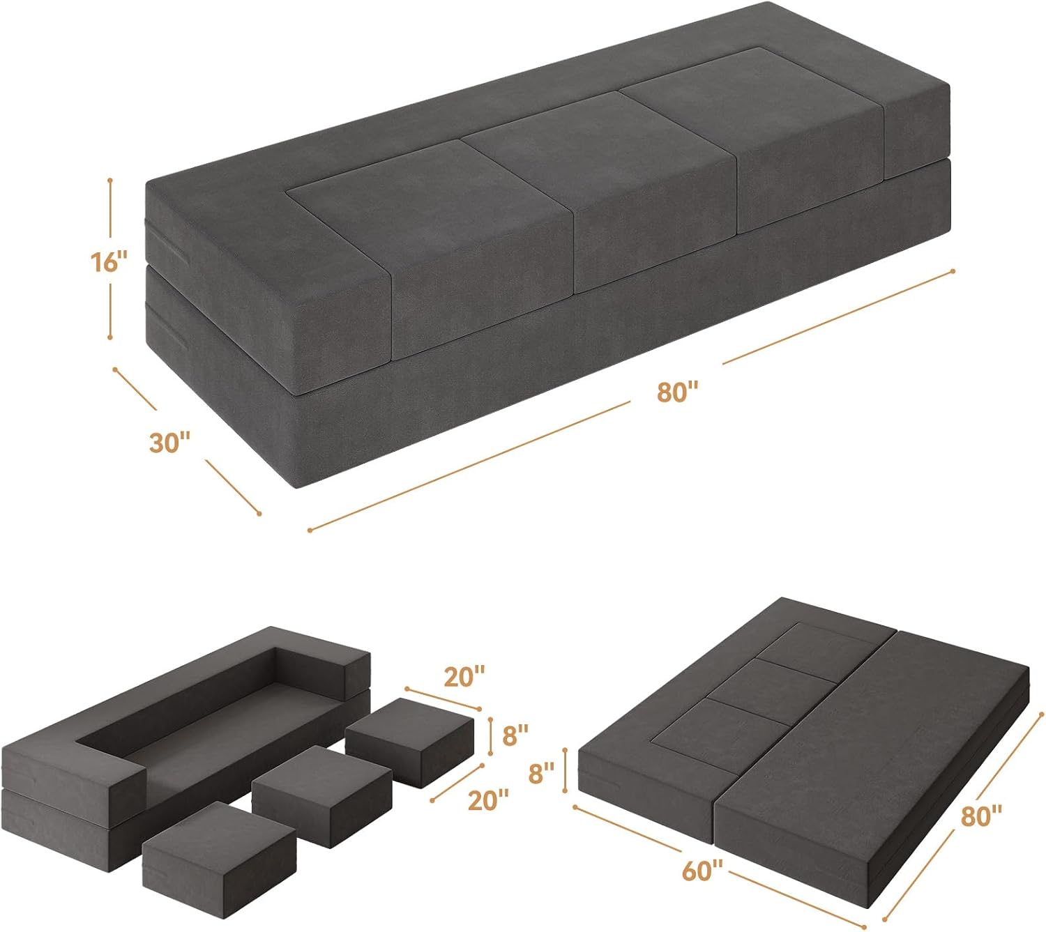 80'' Folding Bed Couch, Foam Floor Sofa with 3Ottomans& Washable Velvet Cover,Modular Sectional Sofa Futon Sleeper Convertible Memory Mattress for Guest/Living Room/Playroom,Queen,Deep Grey
