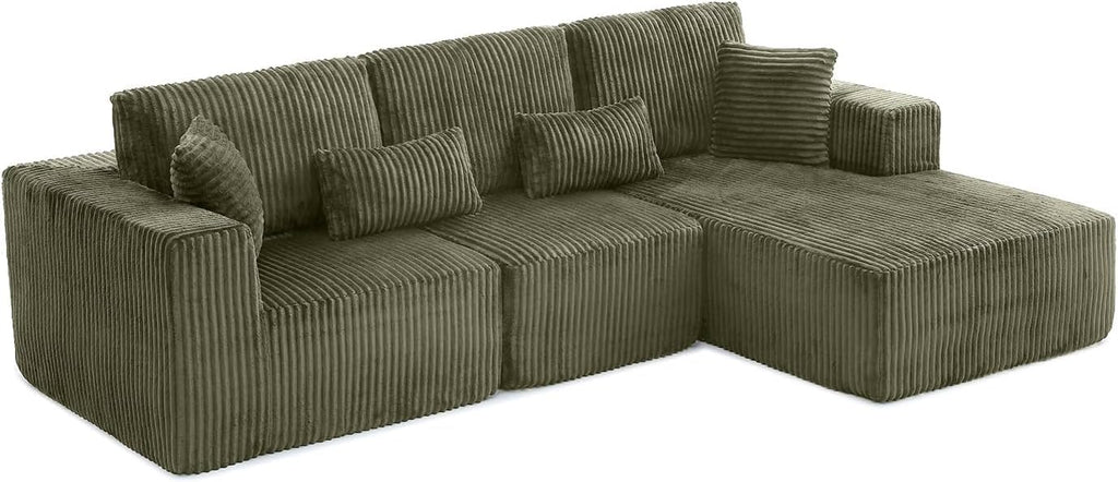 110' Cloud Couch Sectional, L Shaped Boneless Couch Sectional Couches for Living Room, Modern Comfy Corduroy Fluffy Modular Sofa with Deep Seat, No Assembly (Green, Right Facing Chaise)