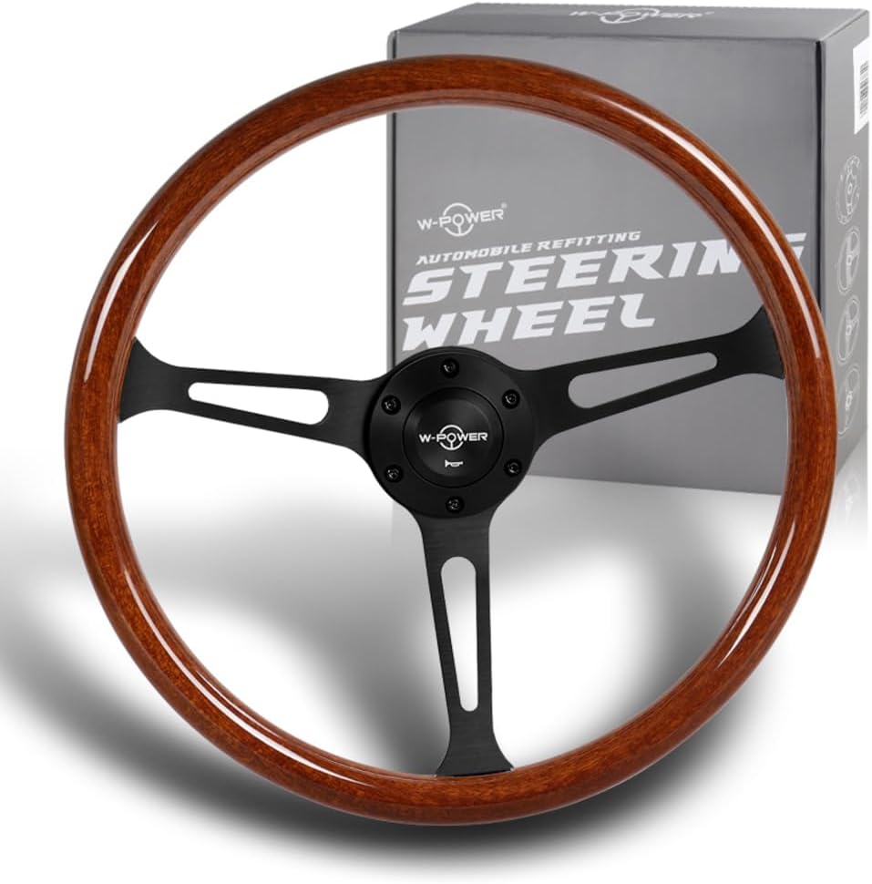 W-Power, 15' Reinforced 380mm 6 Bolt Hole Aluminum Finised Brown Wood Grain Trim Steering Wheel, Black Horn Button JDM Euro VIP Style, 3' Deep (Brown Wood Grain/Matt Black Spoke)