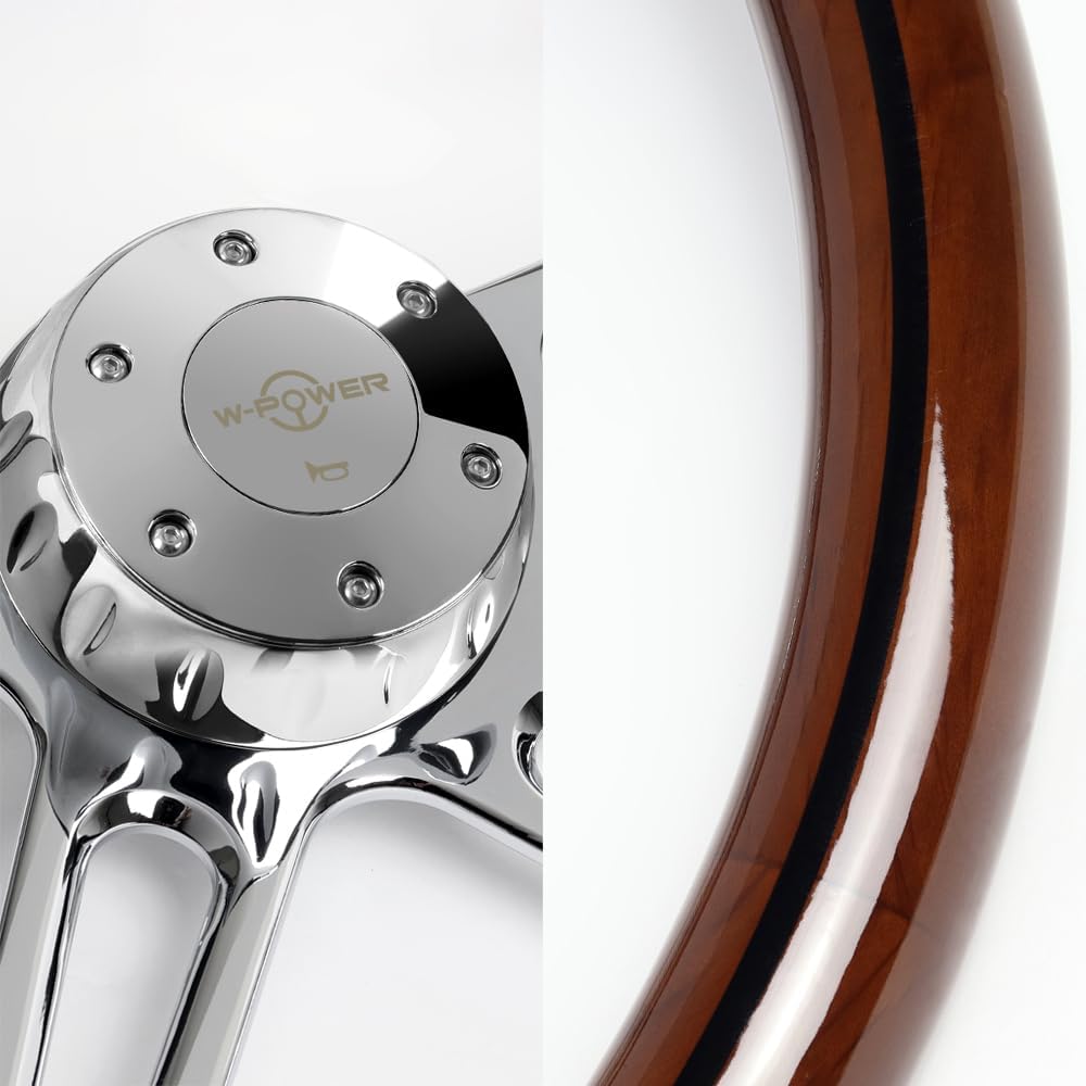 18' Universal 457mm 5 Bolt Hole 2 Inches Deep, Vintage Style Wood Grip Steering Wheel with Hub Adapter Compatible with T04 Kenworth, Peterbilt All Models (Dark Wood Grip)