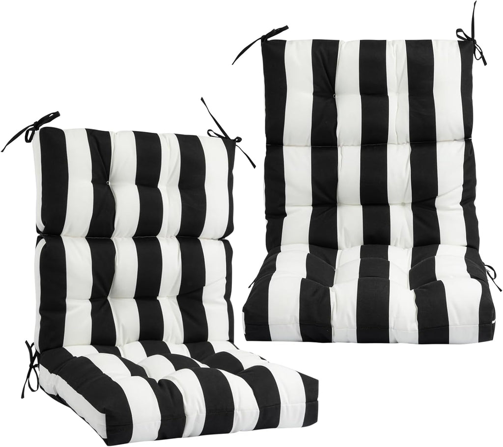 Outdoor High Back Chair Cushions Set of 2,Reversible Lawn Chair Cushion 44 x22 inch,Water Resistant Tufted Adirondack Chair Cushion,for Garden Rocking Chair,Patio Furniture(Black White Stripe)