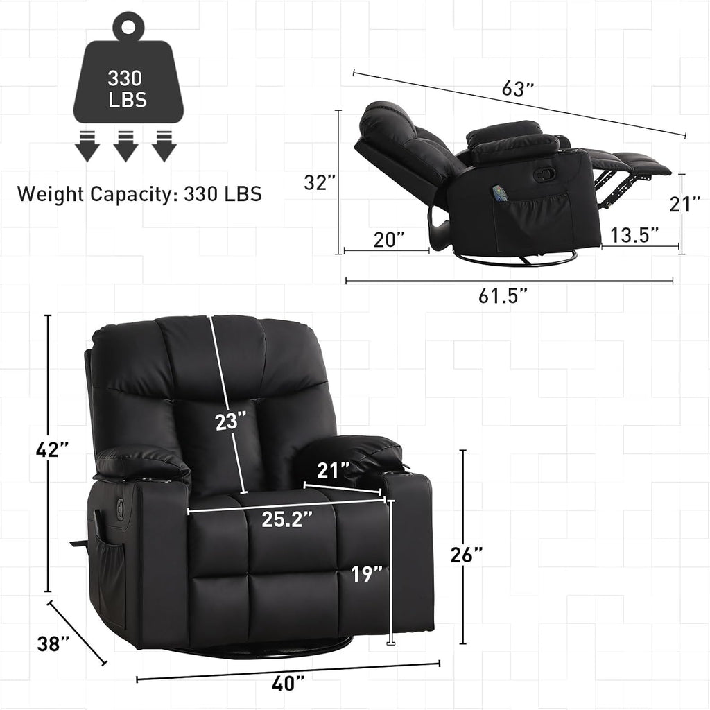 Bonzy Home Oversized Swivel Rocker Recliner, 40' Rocking Recliner Chair with Heated and Massage, PU Leather Single Sofa with Swivel Function, 2 Cup Holders for Living Room Bedroom, Black