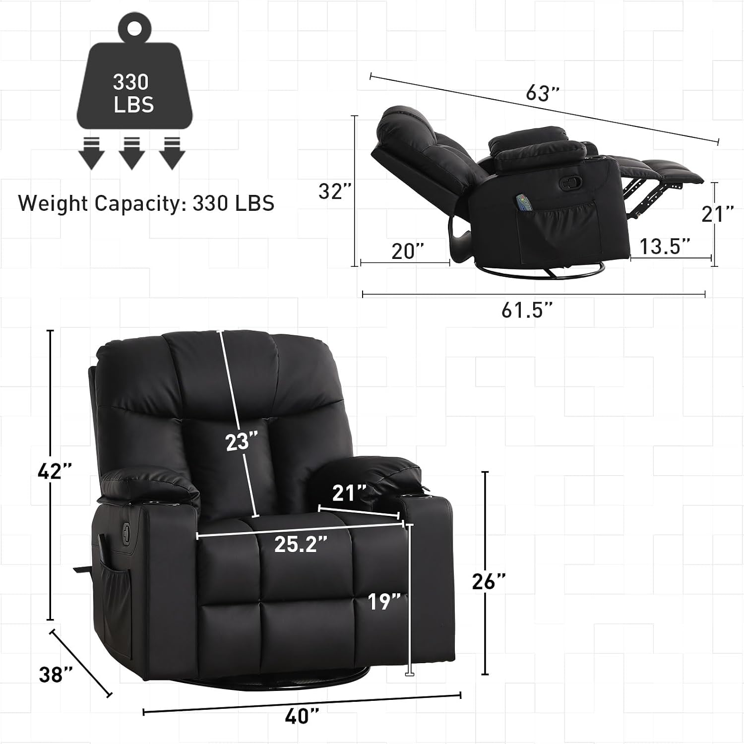 Bonzy Home Oversized Swivel Rocker Recliner, 40' Rocking Recliner Chair with Heated and Massage, PU Leather Single Sofa with Swivel Function, 2 Cup Holders for Living Room Bedroom, Black