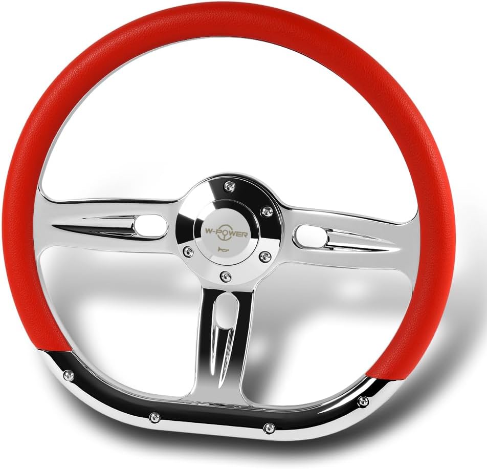 W-Power, 14' Universal 350mm 6 Bolt Hole Aluminum Polished Vinyl Wrap Leather Trim Steering Wheel, Chrome Horn Button JDM Euro VIP Style, 2' Deep (Red Vinyl Wrap Leather)