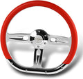 W-Power, 14' Universal 350mm 6 Bolt Hole Aluminum Polished Vinyl Wrap Leather Trim Steering Wheel, Chrome Horn Button JDM Euro VIP Style, 2' Deep (Red Vinyl Wrap Leather)