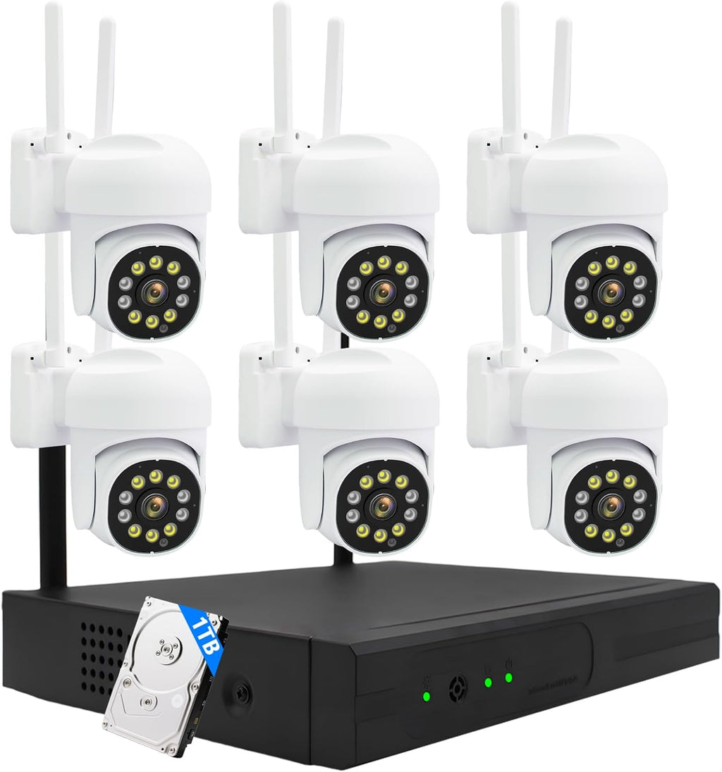 6-Cameras Wireless Outdoor Security System with 10CH NVR, 3MP HD Indoor CCTV AI Human Detection, 4 Night Vision, PTZ Control, 2-Way Audio, 1TB HDD, No Monthly Fee for Home Surveillance