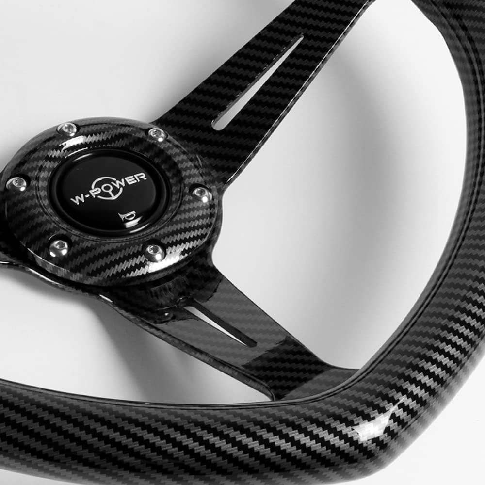 W-Power,13.5' Universal 343mm 6 Bolt Hole 3-Inche Deep Dish Aluminum Polished Heart-Shaped with Wood Grip Steering Wheel, Black Horn Button JDM Euro VIP Style, 3-Spoke (Carbon Black)