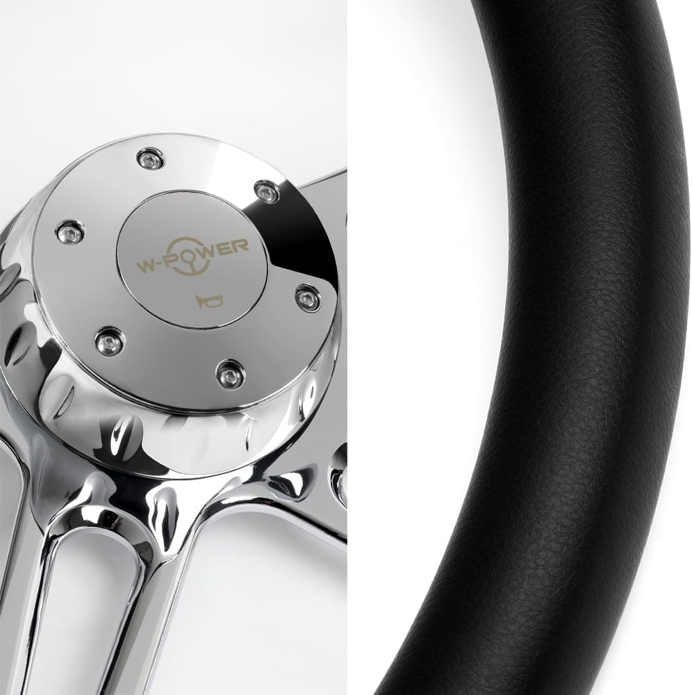 18' Universal 457mm 5 Bolt Hole 2 Inches Deep, Vintage Style Leather Grip Steering Wheel with Hub Adapter Compatible with T04 Kenworth, Peterbilt All Models (Black Leather Grip)