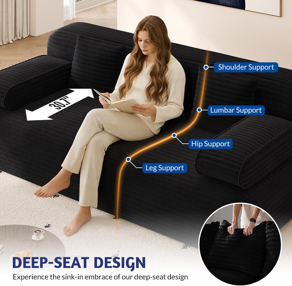 78.7'' Boneless Couches Queen, Corduroy Futon Sofa Bed, Modern Floor Couch, Cloud Convertible Sleeper Sofa Daybed, Comfy Loveseat, 3 Pillows, for Small Spaces, Living Room, Apartment, Black