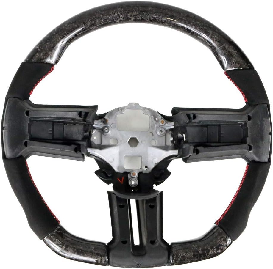 IKON MOTORSPORTS, Steering Wheel Compatible With 2010-2014 Ford Mustang, Forged Carbon Fiber & Synthetic Suede Steering Wheel Brushed Kit With Red Stitching, 2011 2012 2013