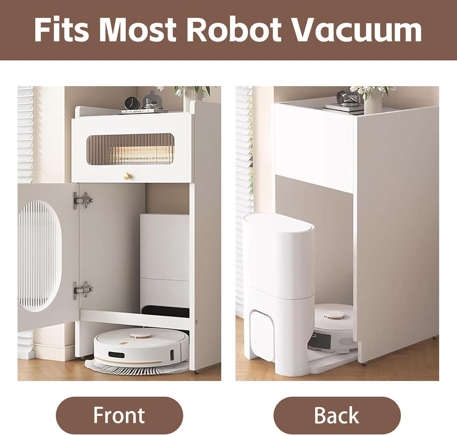 Self-Emptying Robot Vacuum and Mop Mobile Storage Cabinet Robot Vacuum Hidden Storage Cabinet with Wheels Home Office Living Room Garage Wood Accent End Table(Champagne,19.6x15.7x29.5in)