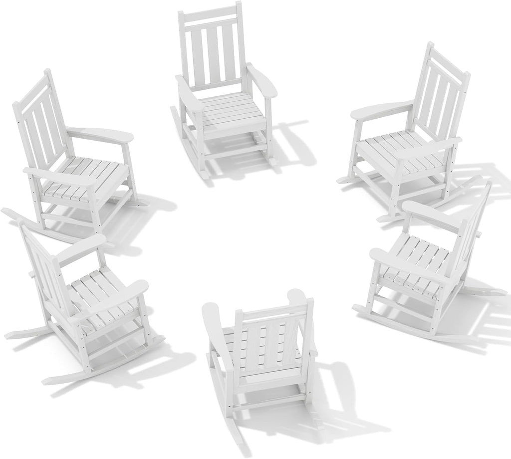 KINGYES Oversized Outdoor Rocking Chair Set of 6, All-Weather Patio Rocking Chairs for Porch, HDPE Outdoor Patio Recliner Rockers with High Back & Wide Seat for Garden, Lawn, White