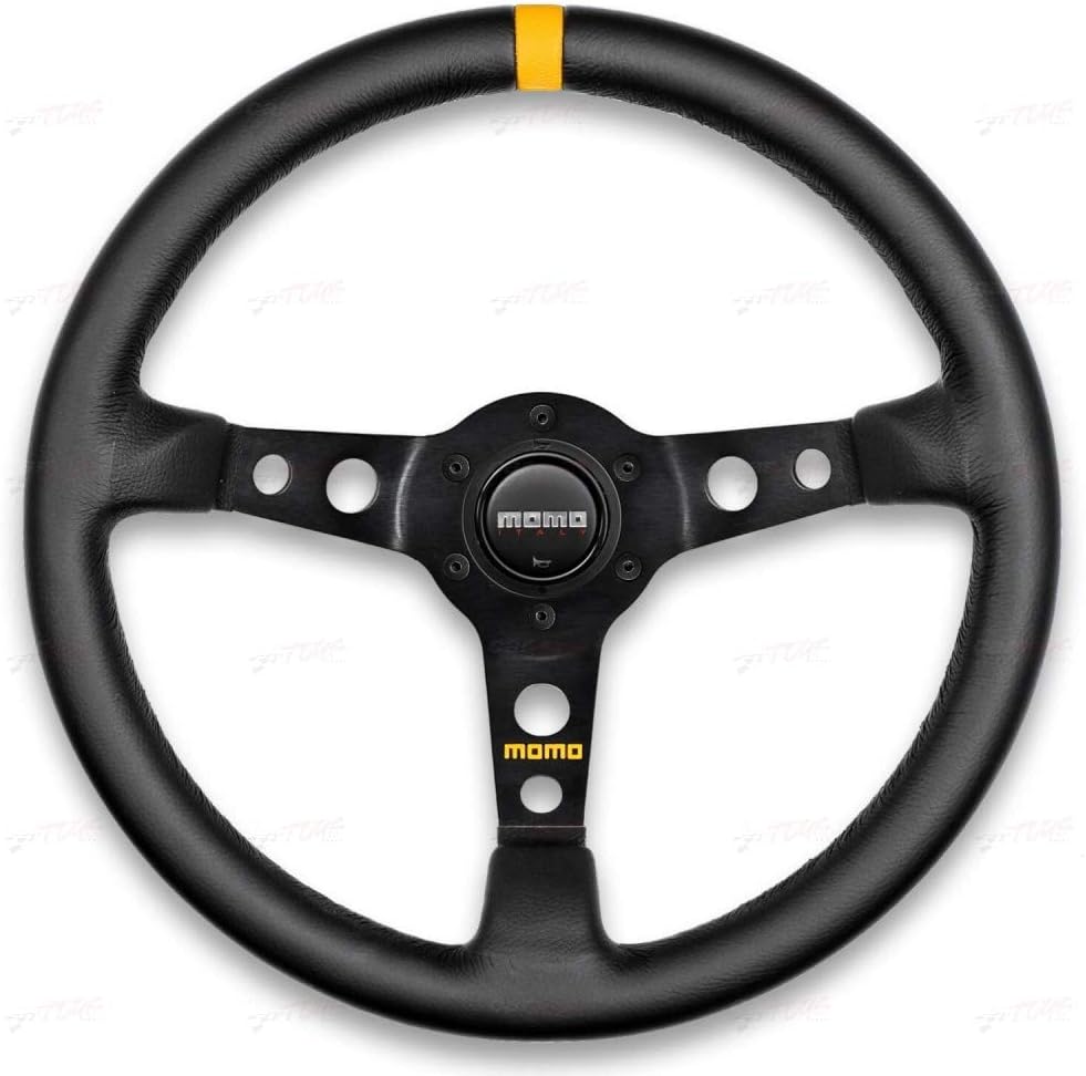 MOMO Motorsport MOD.07 Leather Racing Steering Wheel – 350mm, 72mm Deep Dish, Yellow Horn, 3-Spoke with Cutouts, 6-Bolt Aluminum Frame – Authentic MOMO Italian Aftermarket Wheel. Hub Adapter Required