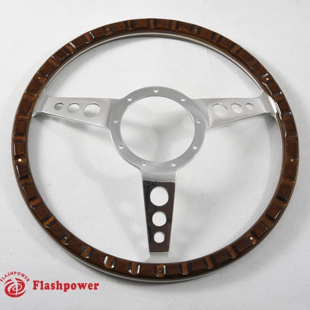 15'' Classic Wood Steering Wheel 9 Rivets with Horn Button