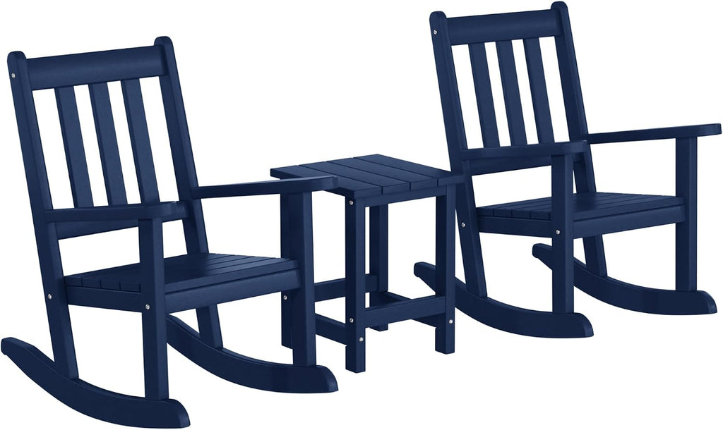 WestinTrends Malibu 3-Piece Kids Outdoor Rocking Chairs Set with Kids Square Side Table, Navy Blue