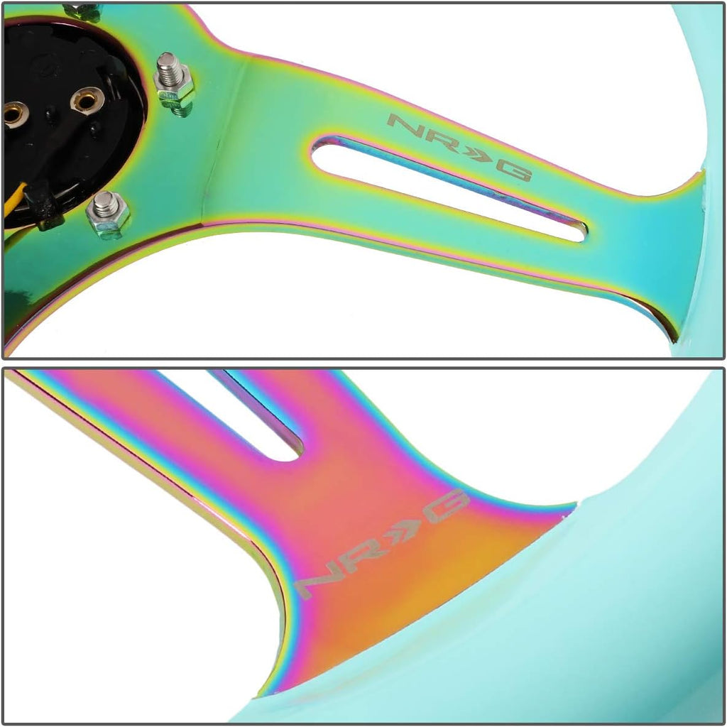 NRG Innovations NRG-ST-015MC-MF Classic Wood Grain Steering Wheel - 350mm, 6x70mm, 3 Neochrome Spokes - Minty Fresh Color